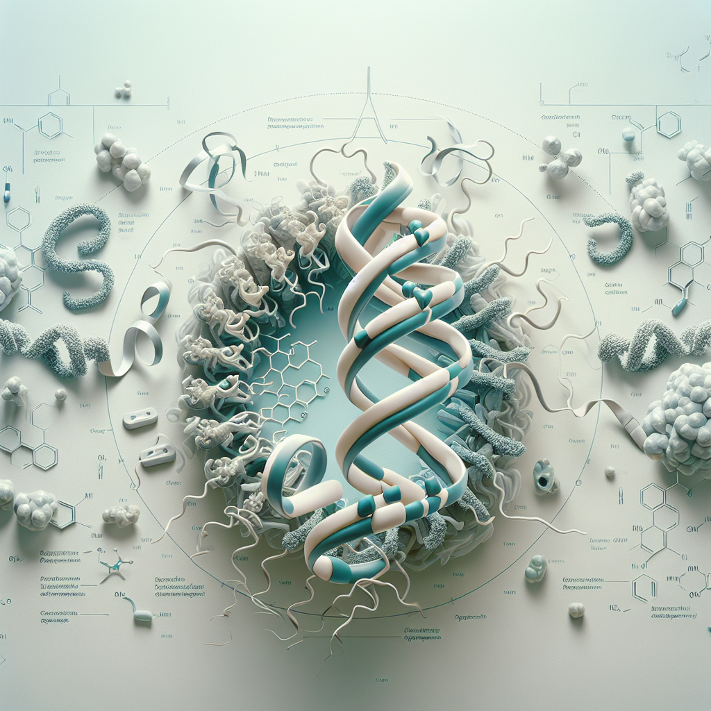 Stylized biological pathway artwork representing PEG-MGF research context